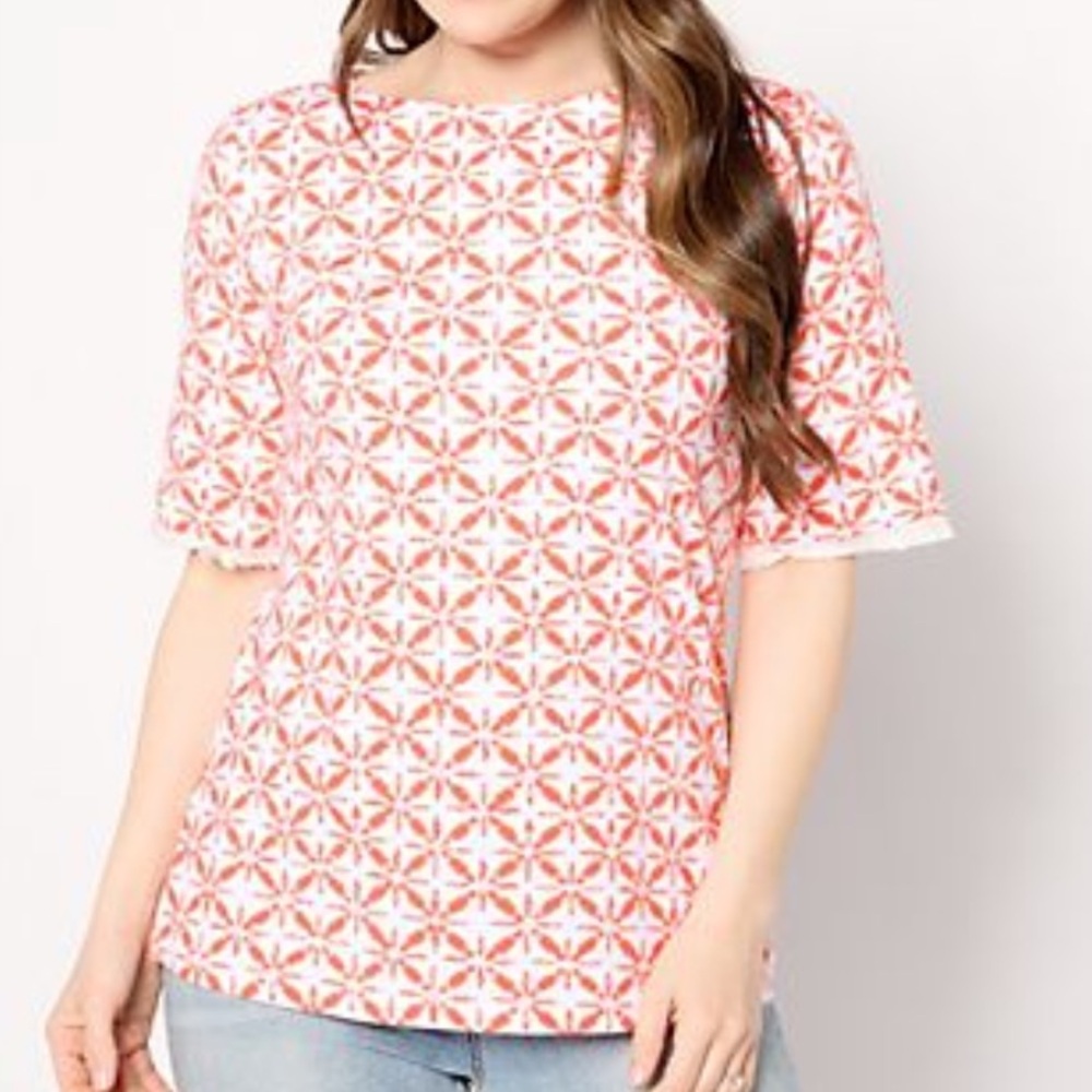 Denim & Co. printed favorite jersey elbow sleeve boatneck top with fringe